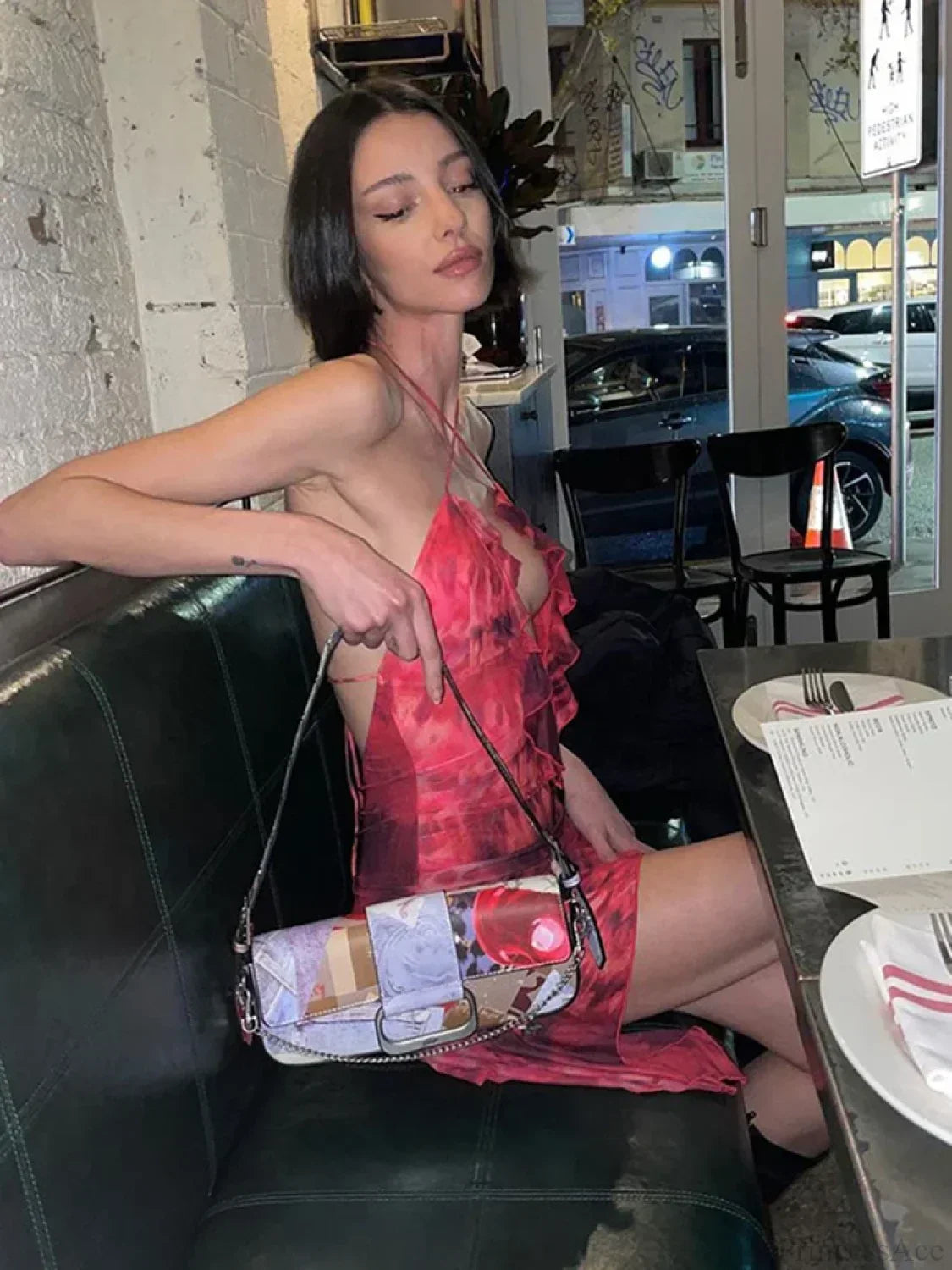 Halter Plunging V Neck Ruffle Hem Abstract Print Mini Dress
