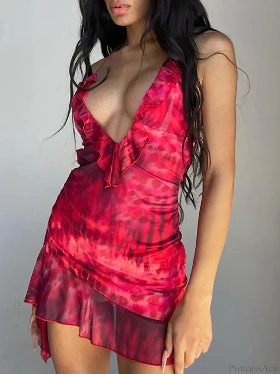 Halter Plunging V Neck Ruffle Hem Abstract Print Mini Dress