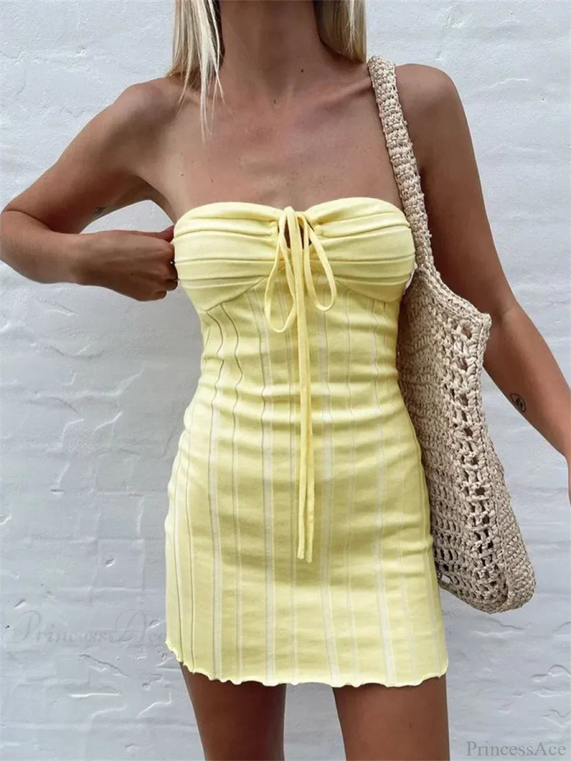 Strapless Rib Knit Drawstring Tie Front Lettuce Hem Bodycon Mini Dress