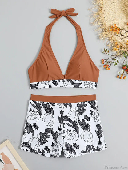 Halter Print Shorts Bikini Two Piece Set