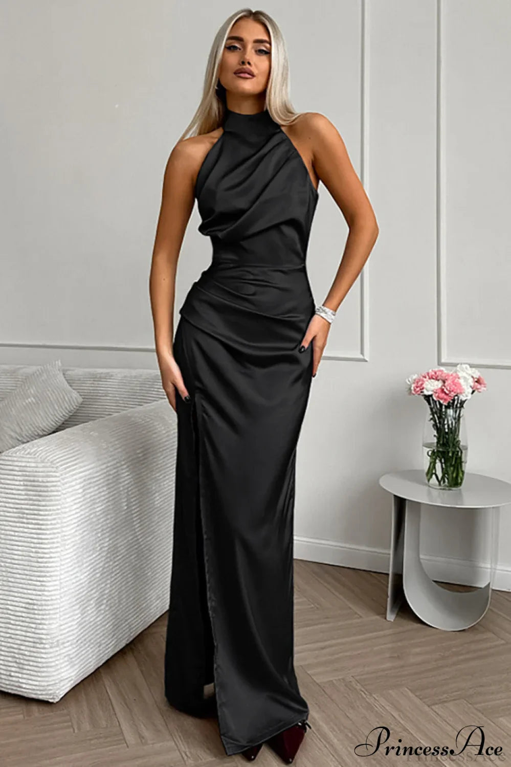 Halter Sleeveless Solid Split Chic Maxi Dress