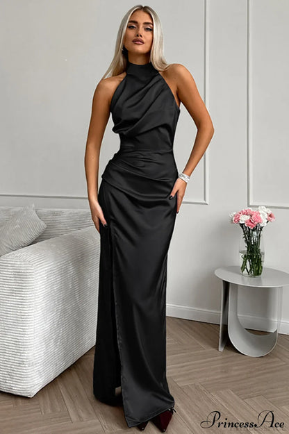 Halter Sleeveless Solid Split Chic Maxi Dress