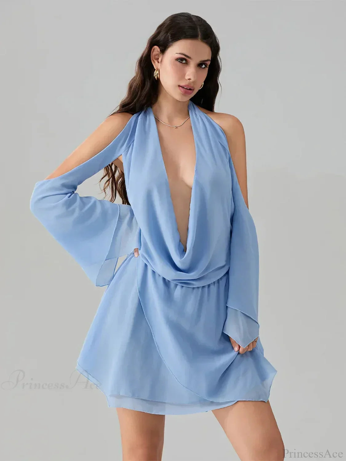 Halter Deep V Cowl Cold Shoulder Bell Sleeve Mini Dress