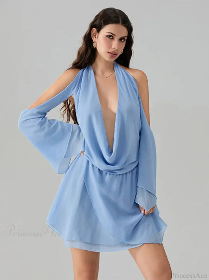 Halter Deep V Cowl Cold Shoulder Bell Sleeve Mini Dress
