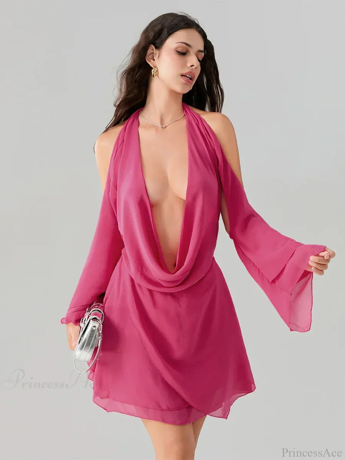 Halter Deep V Cowl Cold Shoulder Bell Sleeve Mini Dress