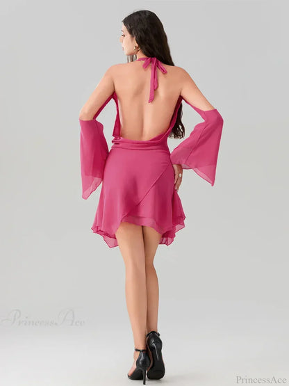 Halter Deep V Cowl Cold Shoulder Bell Sleeve Mini Dress