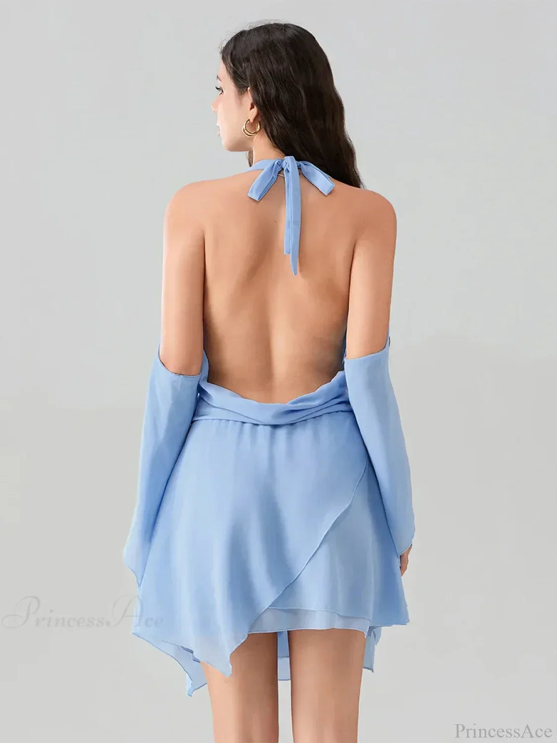 Halter Deep V Cowl Cold Shoulder Bell Sleeve Mini Dress