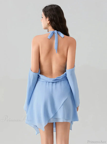 Halter Deep V Cowl Cold Shoulder Bell Sleeve Mini Dress