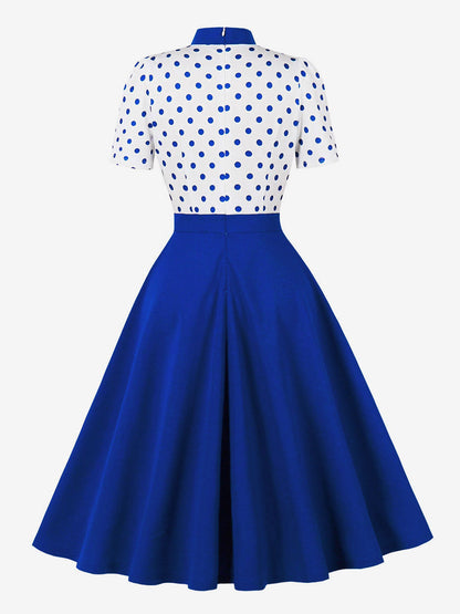 Polka Dot Patchwork Bow Tie Neck Short Sleeve Retro Swing Dress For Women 2026