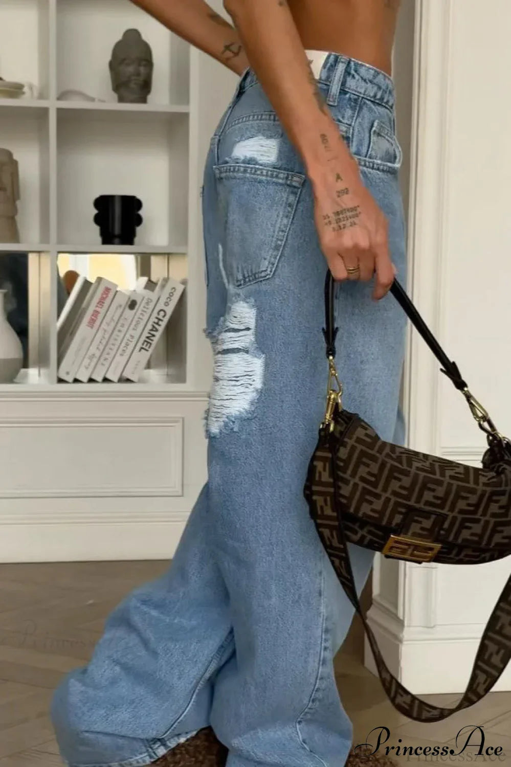 Heart Distressed Low Waist Wide Leg Straight Jeans