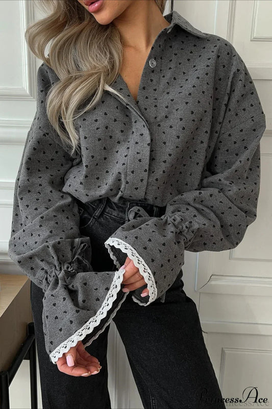 Heart-Print Single-Button Shirt Cardigan Blouse