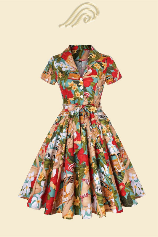 Helma Retro Printed Belted Cotton Shirt Midi Dress