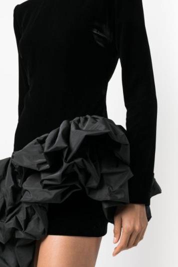 Hermosa Ruffle Asymmetric Hem Mini Velvet Dress