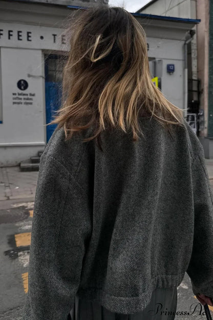 Herringbone Stand Collar Zip Pocket Coat