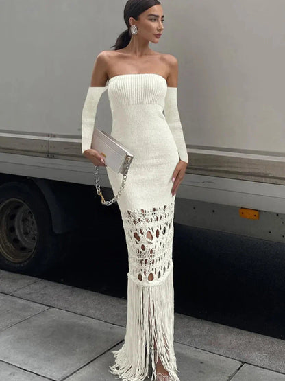 Tassel Knitted Off Shoulder Cutout Bodycon Dress