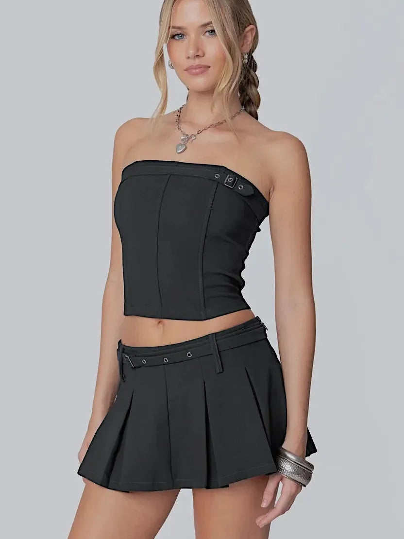 Belted Boning Corset Tube Top & Flare Skirt Coord Set with belt