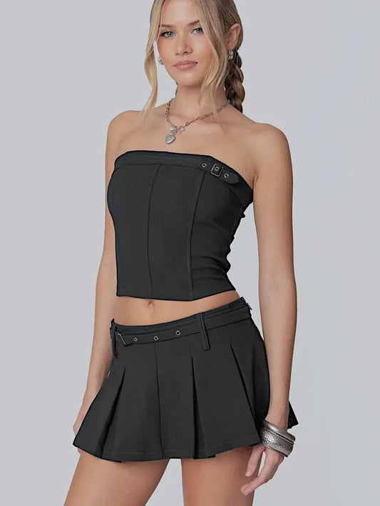 Belted Boning Corset Tube Top & Flare Skirt Coord Set with belt