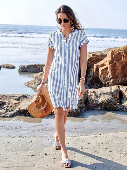 Vertical Striped Women's Shirt Dress - Short Sleeve Button Down Midi Dress - Summer Beach Vacation 2026