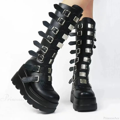 High Black Leather Gothic Elevated Boot