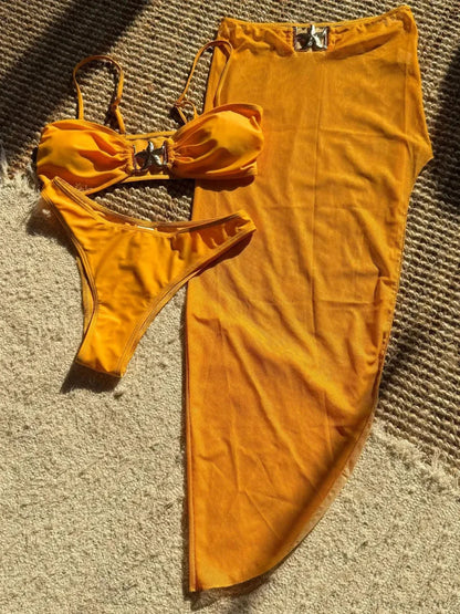 High Cut Brazilian Bikini with Mesh Skirt Three Piece Swimsuit