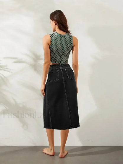 High Split Denim Pencil Skirt