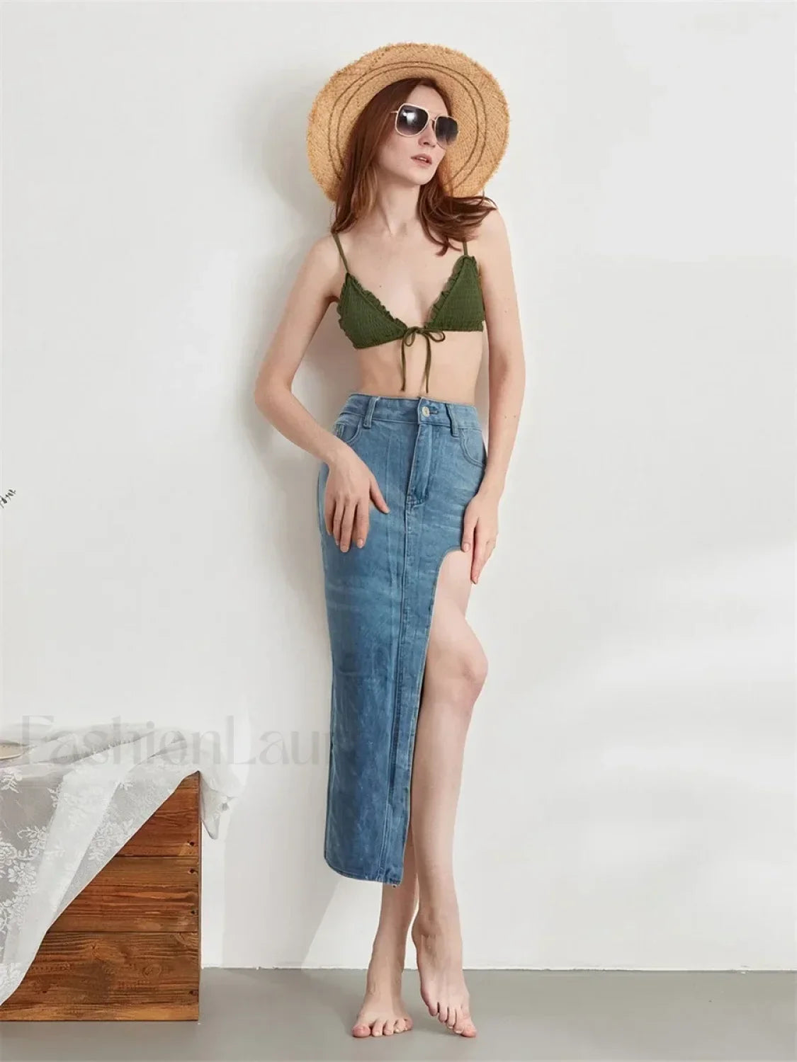 High Split Denim Pencil Skirt