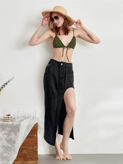 High Split Denim Pencil Skirt