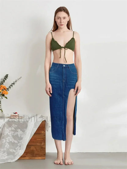 High Split Denim Pencil Skirt