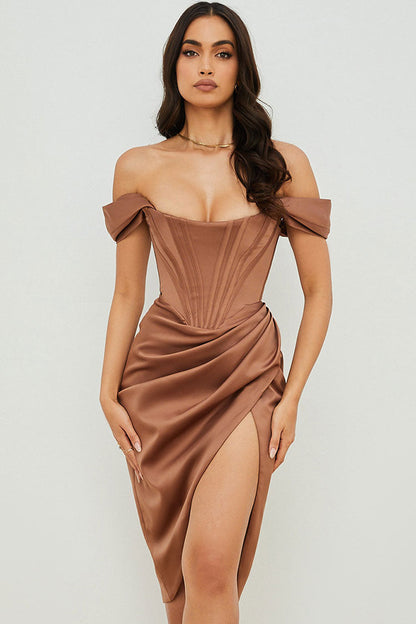 Off-Shoulder Corset Bodice Draped Wrap High Slit Satin Midi Dress