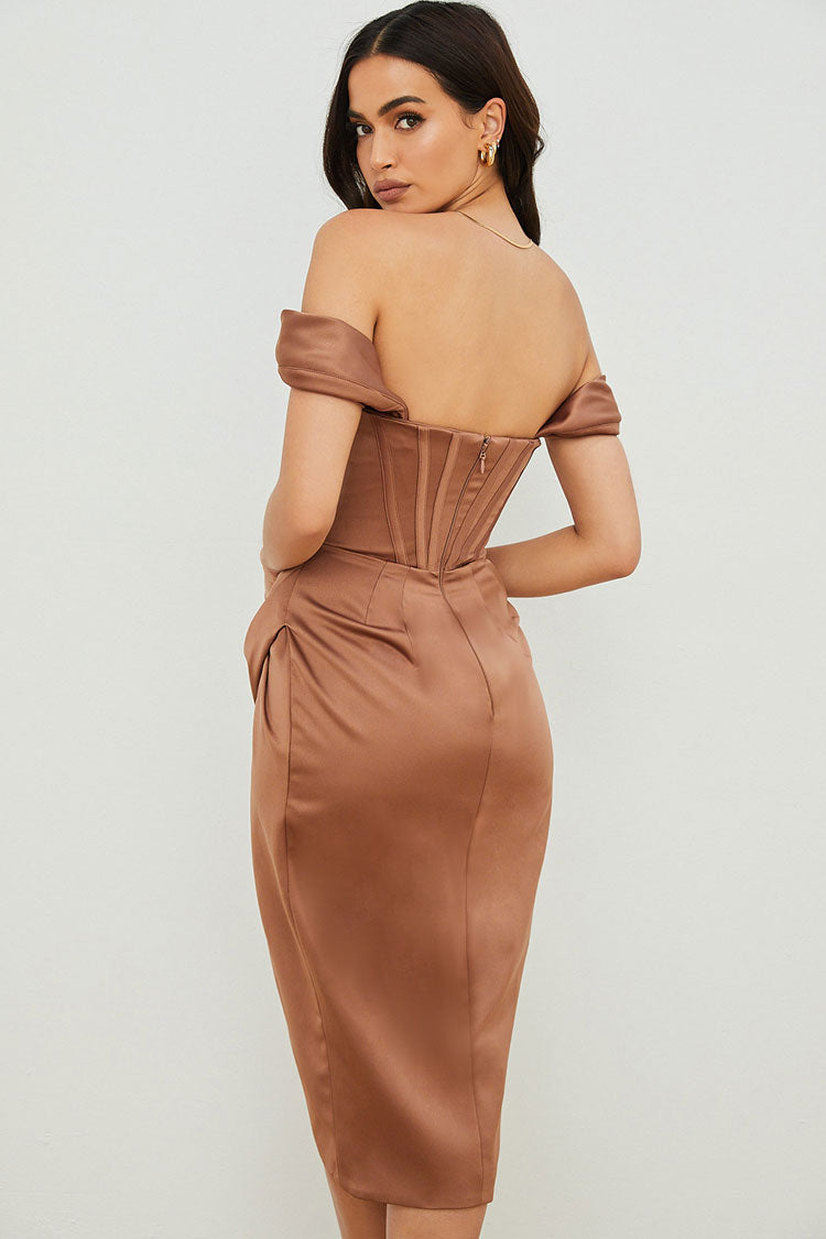 Off-Shoulder Corset Bodice Draped Wrap High Slit Satin Midi Dress