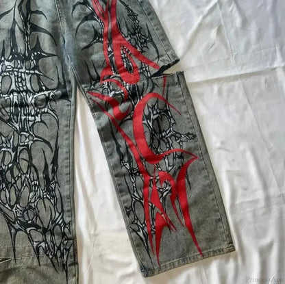 High-Street Printed Wide-Leg Denim Pants