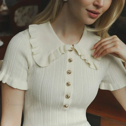 Ribbed Knit Ruffle Collar Button Front Short Sleeve Bodycon Mini Dress