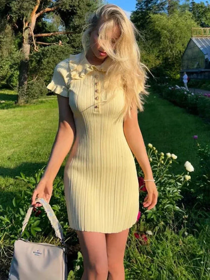 Ribbed Knit Ruffle Collar Button Front Short Sleeve Bodycon Mini Dress