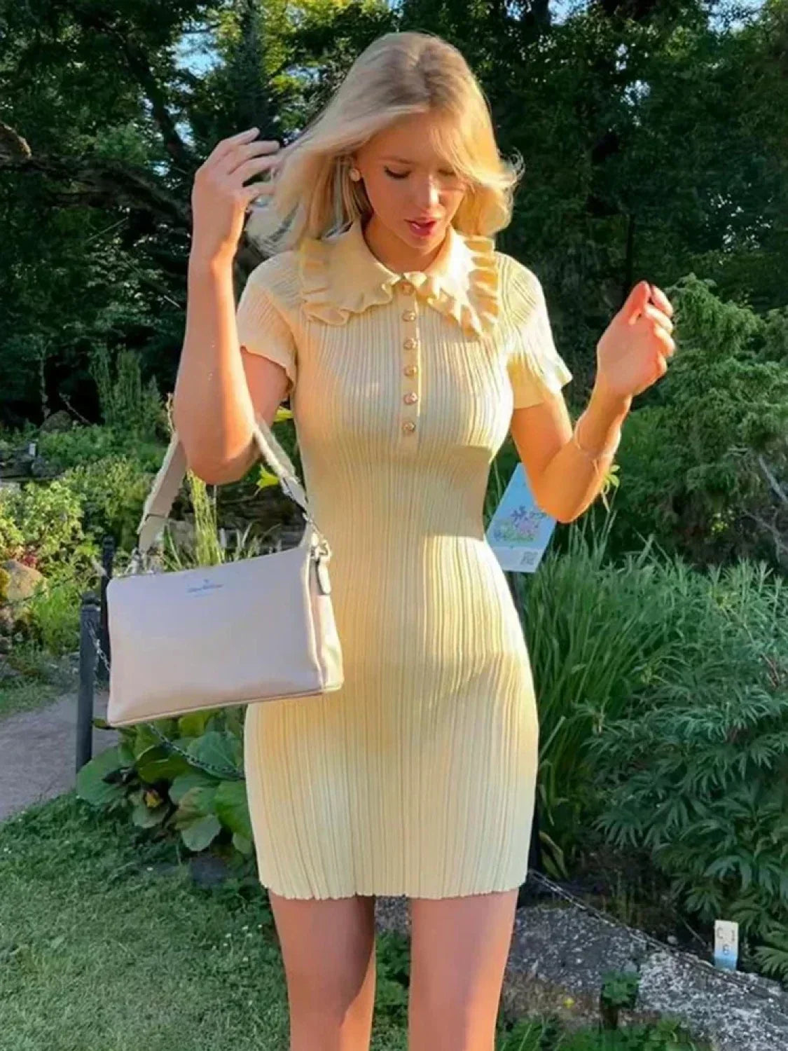 Ribbed Knit Ruffle Collar Button Front Short Sleeve Bodycon Mini Dress