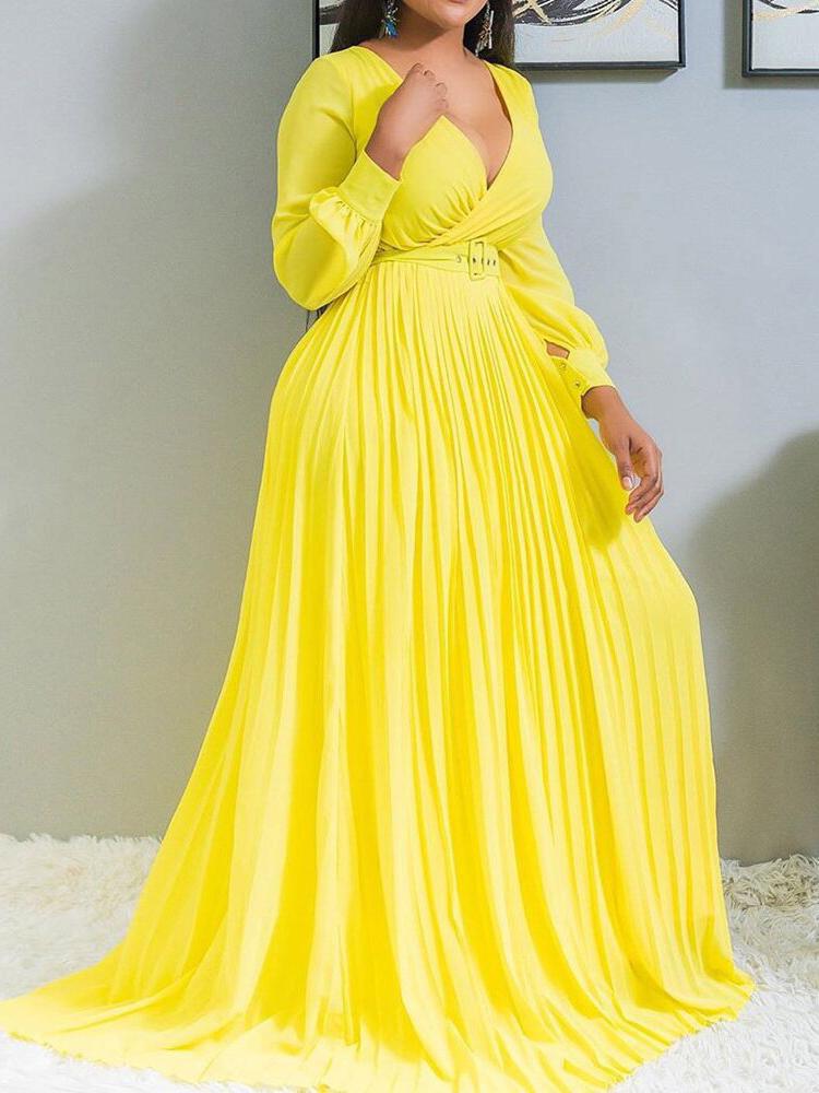 Surplice V-Neck Belted Accordion Pleat Long Sleeve Maxi Dress