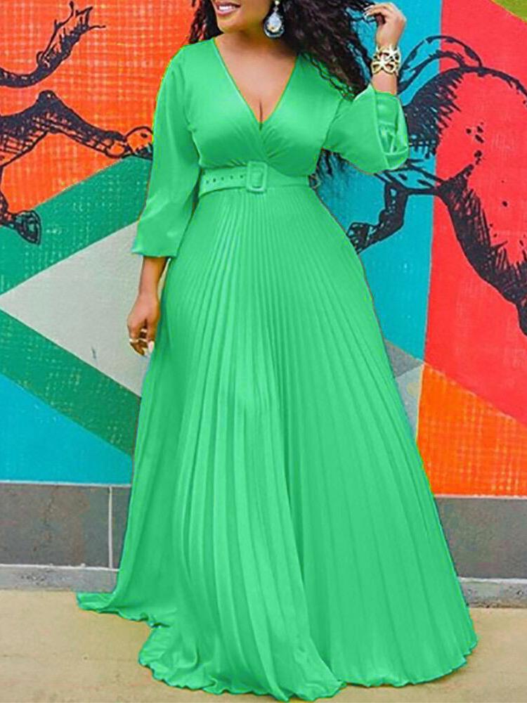 Surplice V-Neck Belted Accordion Pleat Long Sleeve Maxi Dress