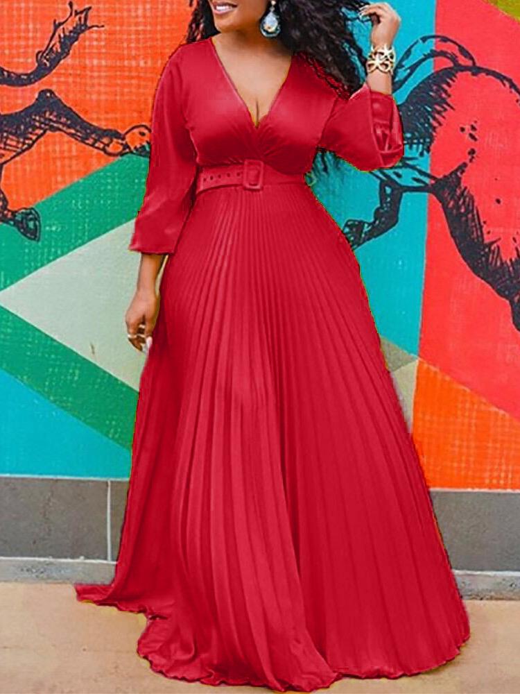 Surplice V-Neck Belted Accordion Pleat Long Sleeve Maxi Dress