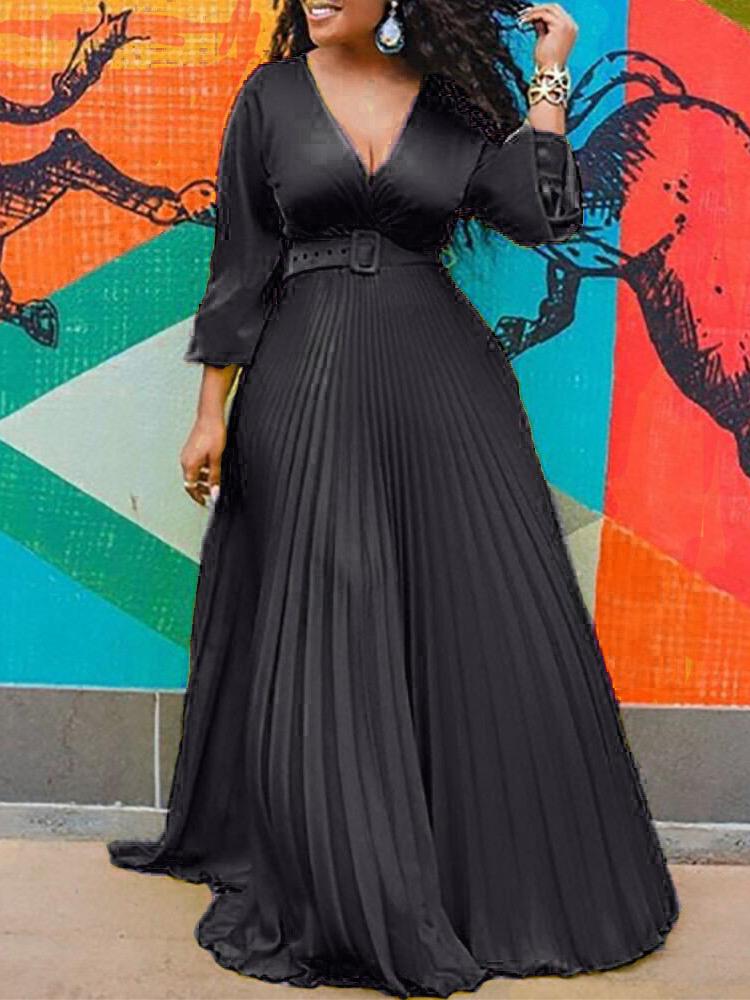 Surplice V-Neck Belted Accordion Pleat Long Sleeve Maxi Dress
