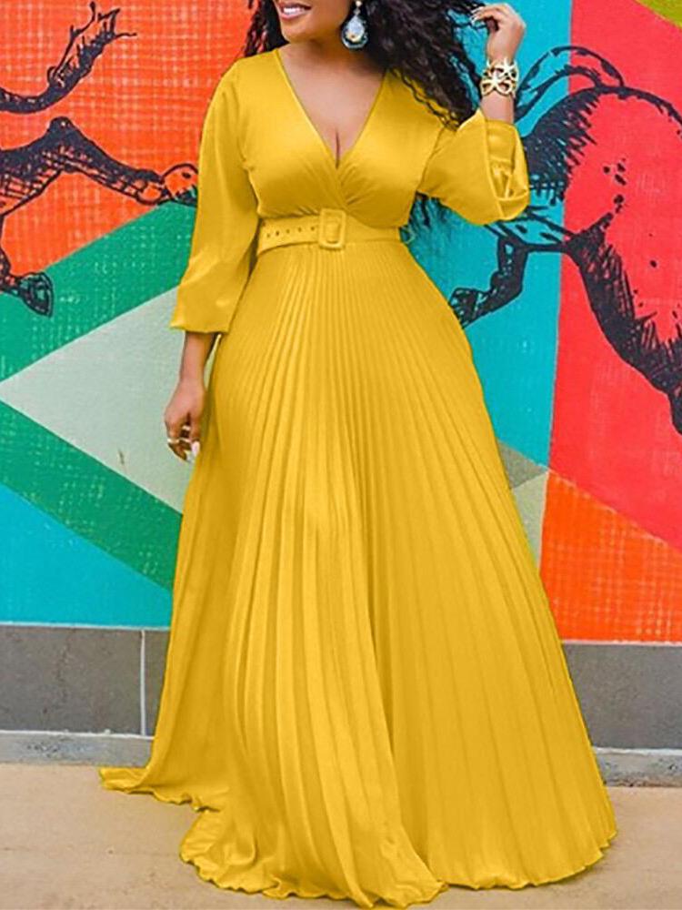 Surplice V-Neck Belted Accordion Pleat Long Sleeve Maxi Dress