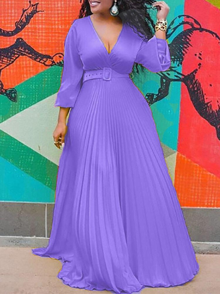 Surplice V-Neck Belted Accordion Pleat Long Sleeve Maxi Dress