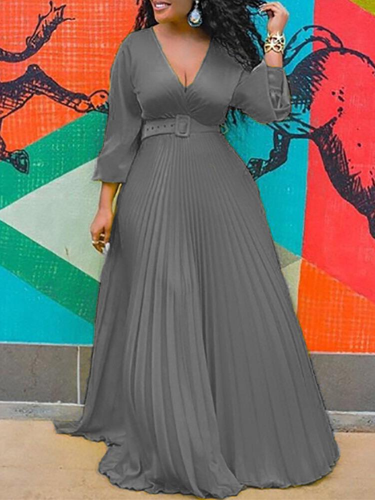 Surplice V-Neck Belted Accordion Pleat Long Sleeve Maxi Dress