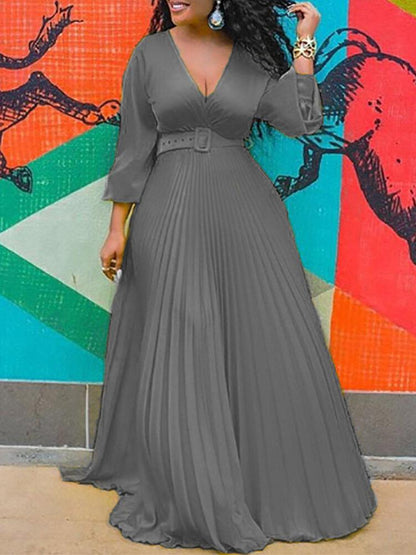 Surplice V-Neck Belted Accordion Pleat Long Sleeve Maxi Dress