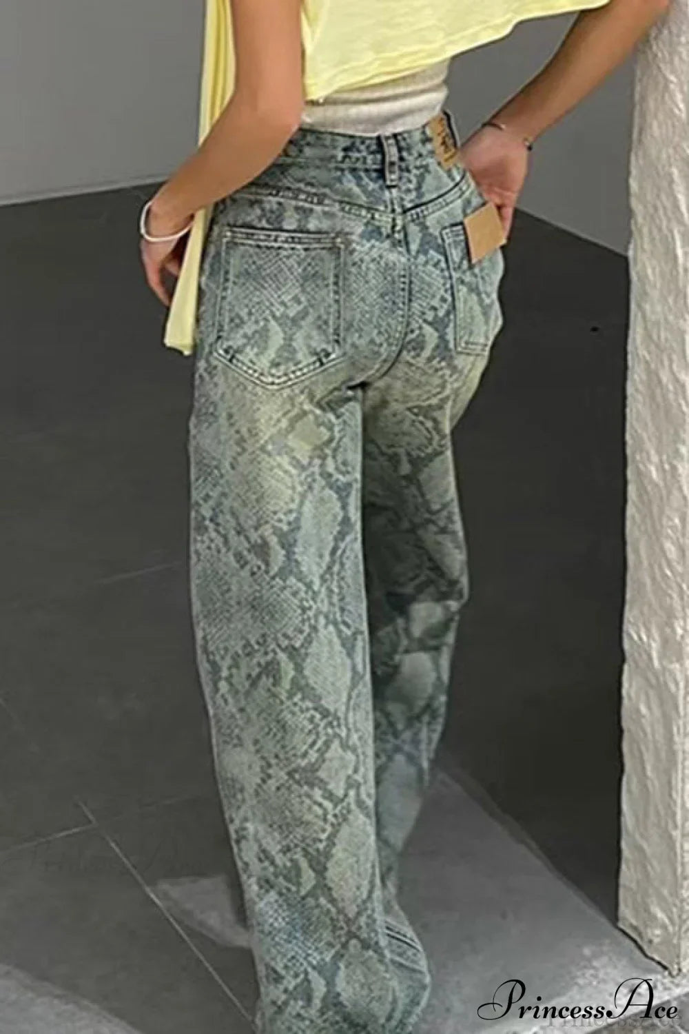 High Waist Snake Print Washed Straight Jeans
