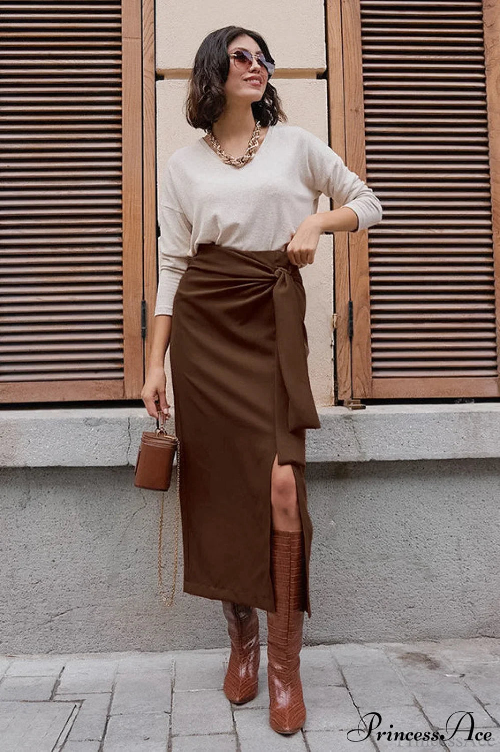 High Waist Split Tie Straight Skirt