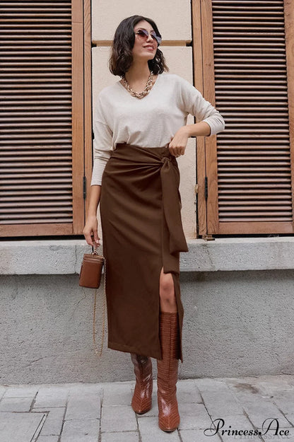 High Waist Split Tie Straight Skirt
