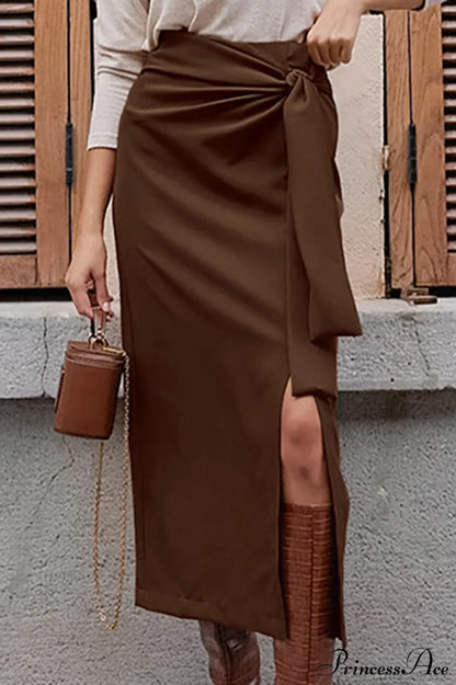 High Waist Split Tie Straight Skirt
