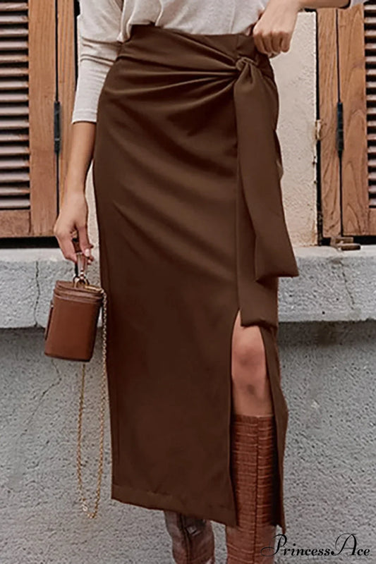 High Waist Split Tie Straight Skirt
