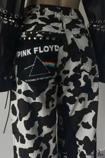 High Waist Straight Leg Milk Pattern Tassel Pants