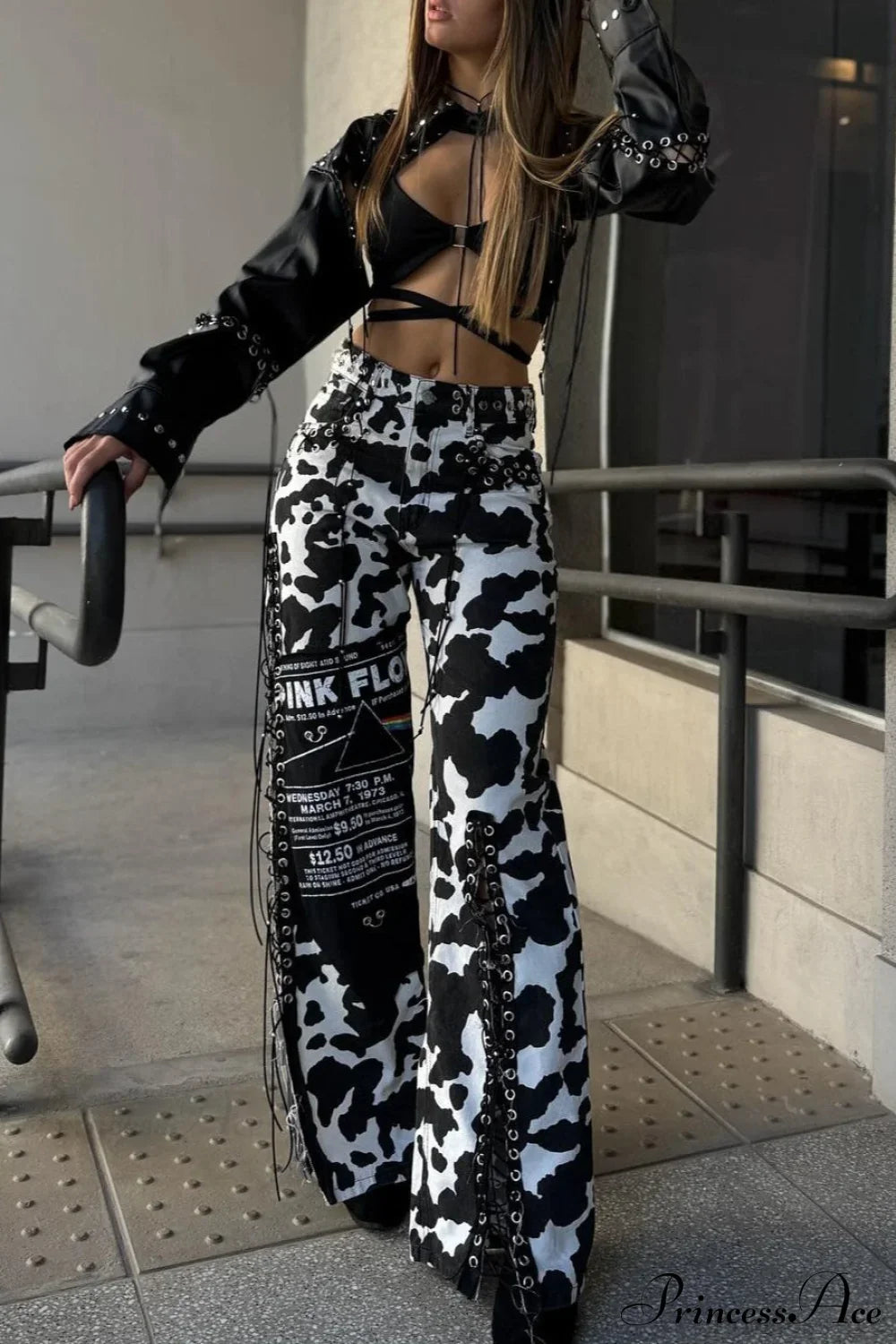 High Waist Straight Leg Milk Pattern Tassel Pants