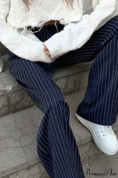 High Waist Straight Wide Leg Navy Stripe Pants